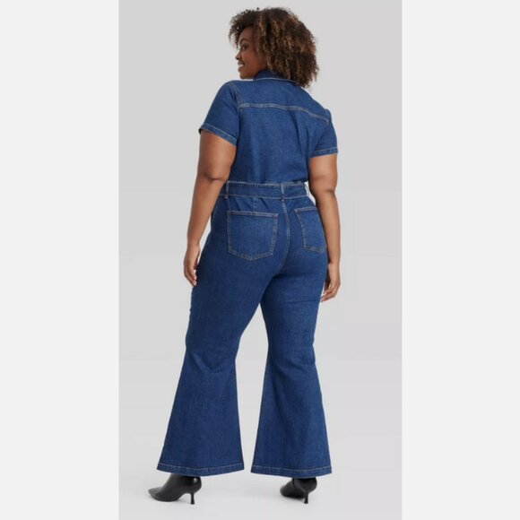 Women's Short Sleeve Denim Jumpsuit - Ava & Viv Dark Wash 22 - Picture 8 of 9